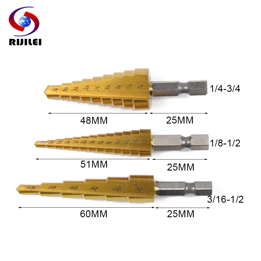 RIJILEI 3Pcs HSS Step Drill Bits, 3/16-1/2,1/4-3/4,1/8-1/2 Hex Shaft Drive Quick Change Titanium Metal Drill Bit Tools Kit L05
RIJILEI 3Pcs HSS Step Drill Bits, 3/16-1/2,1/4-3/4,1/8-1/2 Hex Shaft Drive Quick Change Titanium Metal Drill Bit Tools Kit L05