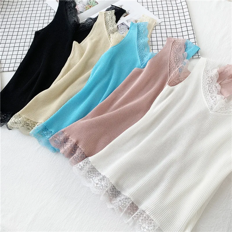 Summer Women Knitting Solid Camis Tops Sleeveless Tee shirts Girls Solid Knit Patchwork Lace Tank Tops For Female JJD208
Summer Women Knitting Solid Camis Tops Sleeveless Tee shirts Girls Solid Knit Patchwork Lace Tank Tops For Female JJD208