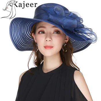 

Kajeer Summer Hat for Women Yarn Navy Wide Brim Church Hat Chapeau New Europe Style Designer Cap Sun Visor Lady Party Rays UV