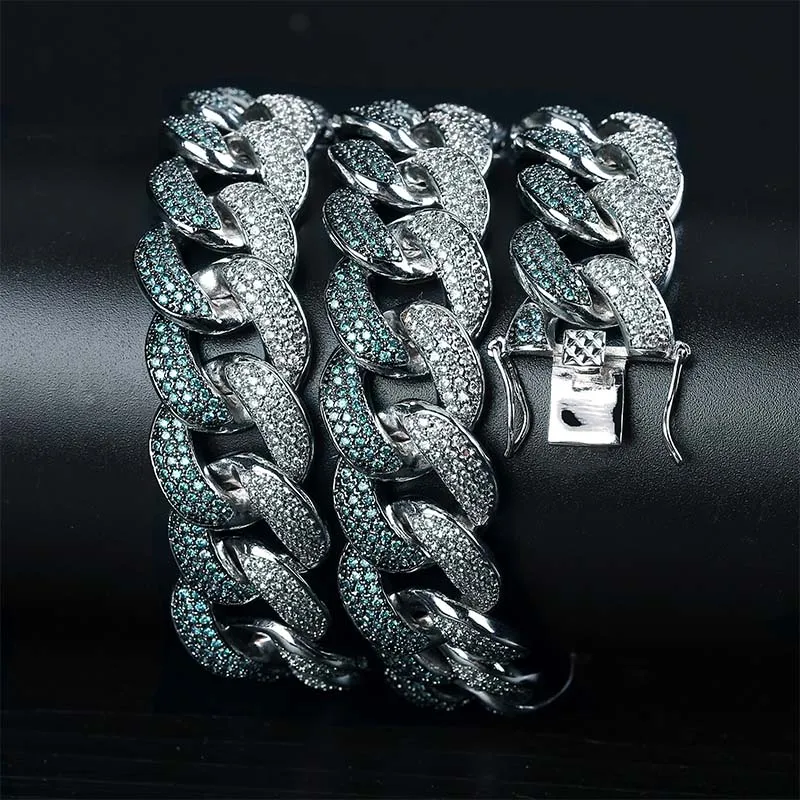 

GUCY New 18MM ICED OUT Flooded Mint Blue CZ Maimi Cuban Link Young Dolph Blue Cubic Zircon Hip Hop Jewelry Gift