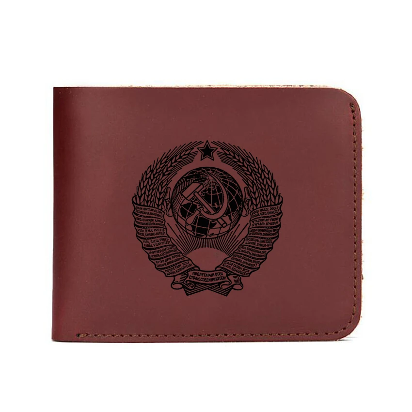 

Custom Engraved Russia Eagle Wallet Men Soviet Union Purse Vintage Crazy Horse Leather Wallet and Purses Small CCCP Wallet Male