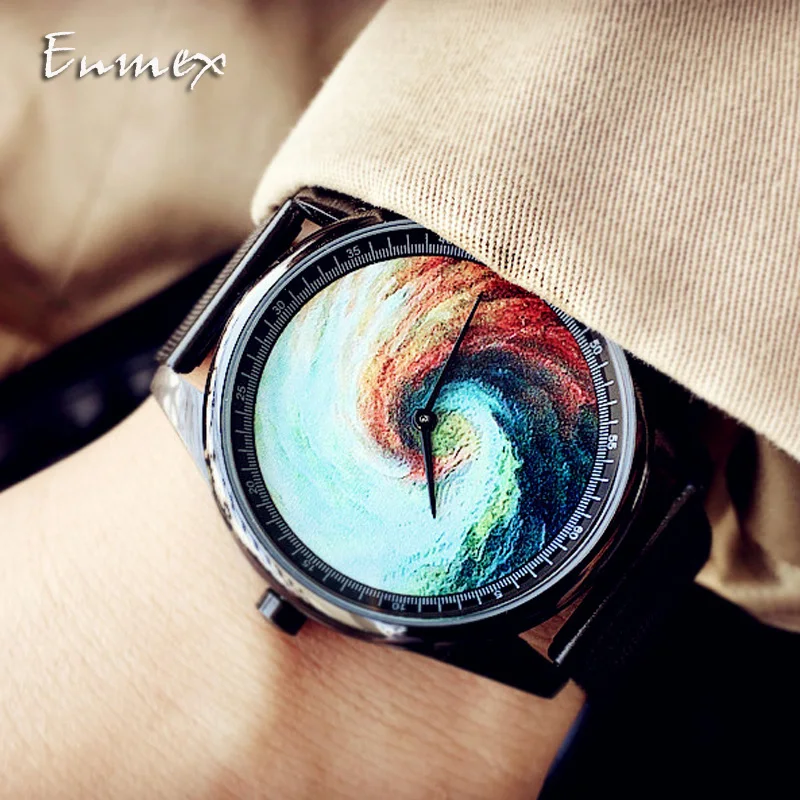 Enmex Individualization design steel wristwatch 3D Rainbow whirlpool creative design Oil Painting fashion quartz clock watch
Enmex Individualization design steel wristwatch 3D Rainbow whirlpool creative design Oil Painting fashion quartz clock watch