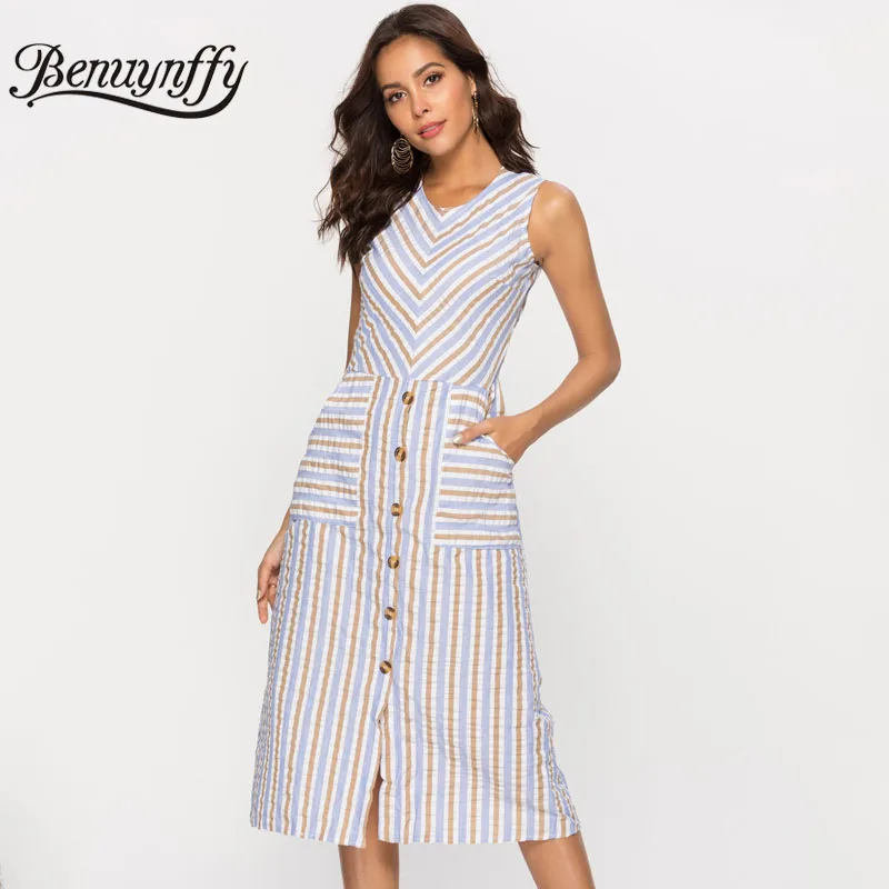 Benuynffy Women Knee Length Striped Dress 2019 Summer Casual Pocket Button Front V-Neck Sleeveless A Line Dress Female Vestidos
Benuynffy Women Knee Length Striped Dress 2019 Summer Casual Pocket Button Front V-Neck Sleeveless A Line Dress Female Vestidos