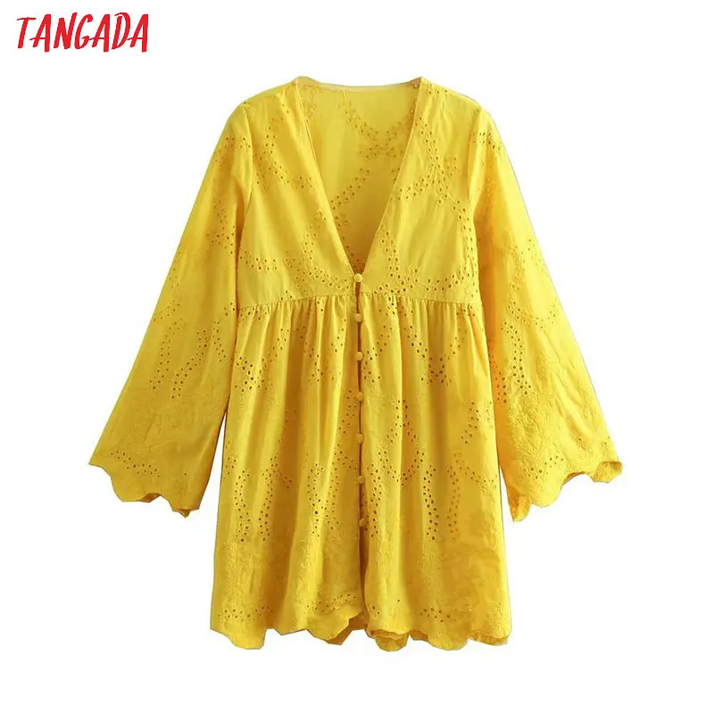Tangada women yellow embroidery blouse long sleeve buttons V neck hollow out boho style shirts female chic tops FH33
Tangada women yellow embroidery blouse long sleeve buttons V neck hollow out boho style shirts female chic tops FH33