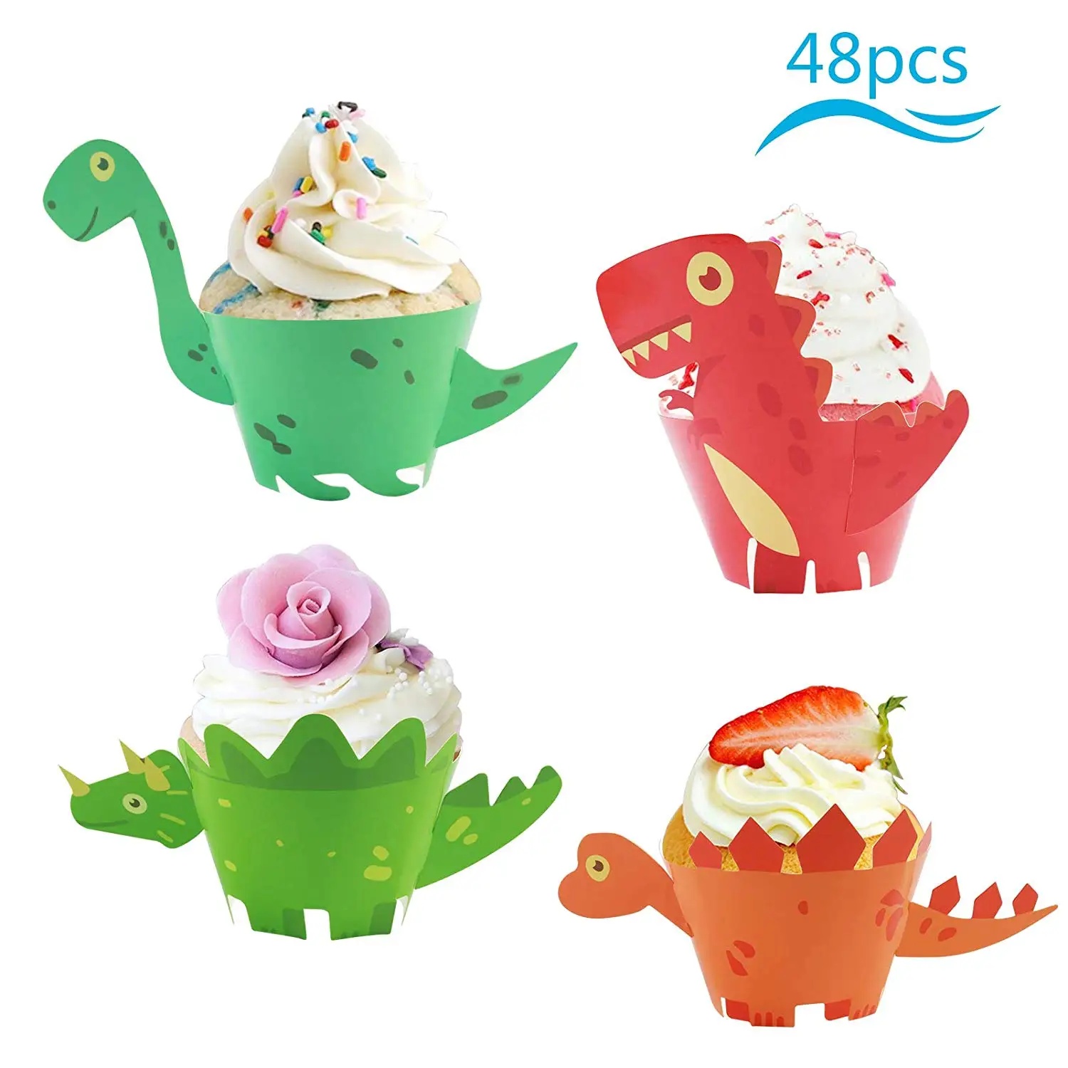 

METABLE 48 set Dinosaur Cupcake Wrappers,METABLE Dino Cup Cake Topper Wrapper for Dino Themed Party Supply Baby Shower Decor