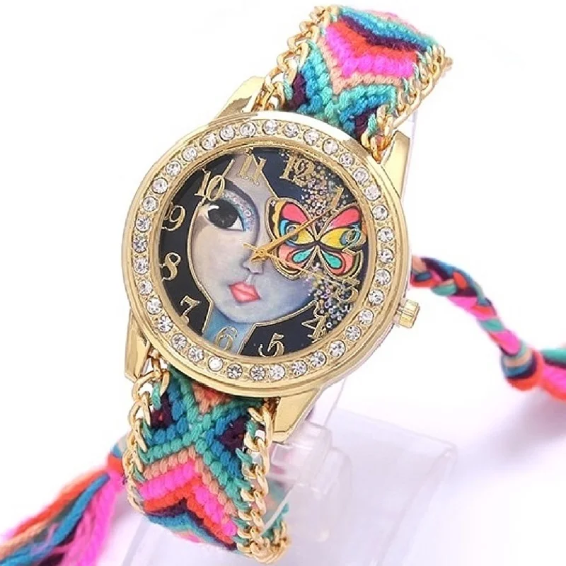 

Gnova Platinum Rainbow Watch Women vintage Retro Mistery Girl Rhinestone Geneva Style Fashion wristwatch Lace Chain Braid A079