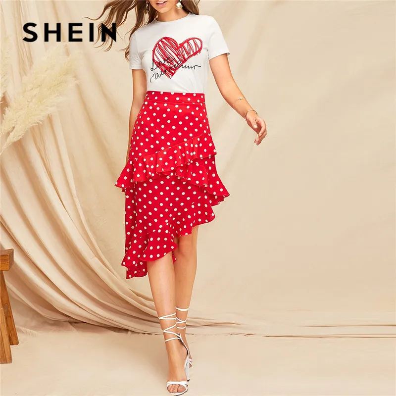 SHEIN Red Ruffle Trim Asymmetrical Hem Polka Dot Print Lady Skirt Summer Women Boho Casual Beach Vacation Mid Waist Skirt
SHEIN Red Ruffle Trim Asymmetrical Hem Polka Dot Print Lady Skirt Summer Women Boho Casual Beach Vacation Mid Waist Skirt