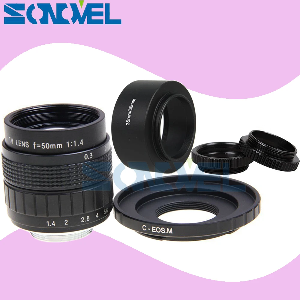 

50mm F1.4 CCTV TV Movie lens + C Mount + Macro ring + metal Lens hood for Canon EOS M M2 M3 M5 M6 M10 M100 Mirrorless Camera