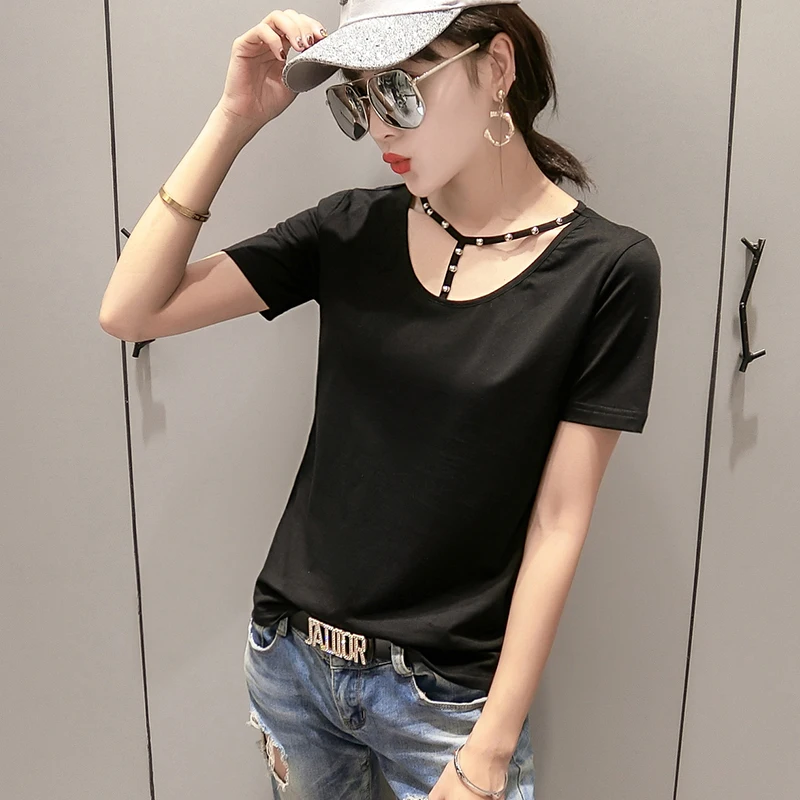 Fashion Nail Bead Solid Tshirt 2019 New Summer Women Short Sleeve Triangle Collar Top Shirt Camiseta Mujer Black White T95215L
Fashion Nail Bead Solid Tshirt 2019 New Summer Women Short Sleeve Triangle Collar Top Shirt Camiseta Mujer Black White T95215L