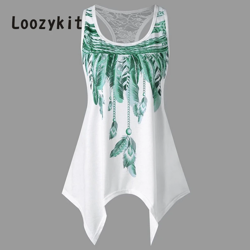 LOOZYKIT 5XL Plus Size Summer Tanks Women Feather Print Lace Patchwork Tee Shirt Female Casual Irregular Top vetement femme
LOOZYKIT 5XL Plus Size Summer Tanks Women Feather Print Lace Patchwork Tee Shirt Female Casual Irregular Top vetement femme