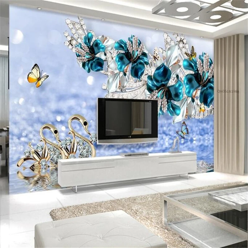 

beibehang papel de parede 3d Luxury Swan Blue Flower Watermark Jewelry TV Wall Background wallpaper wall papers home decor