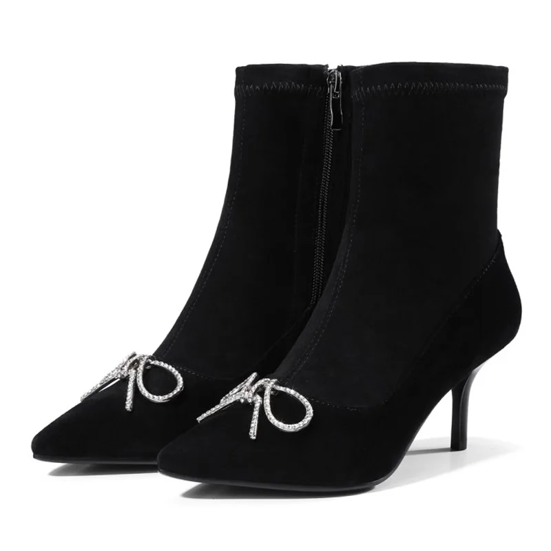 Hot Selling Luxury Crystal Bowtie Ankle Boots Pointed Toe High Heel Women Glitter Rhinestone Stretch Boots Woman Party Shoes
Hot Selling Luxury Crystal Bowtie Ankle Boots Pointed Toe High Heel Women Glitter Rhinestone Stretch Boots Woman Party Shoes
