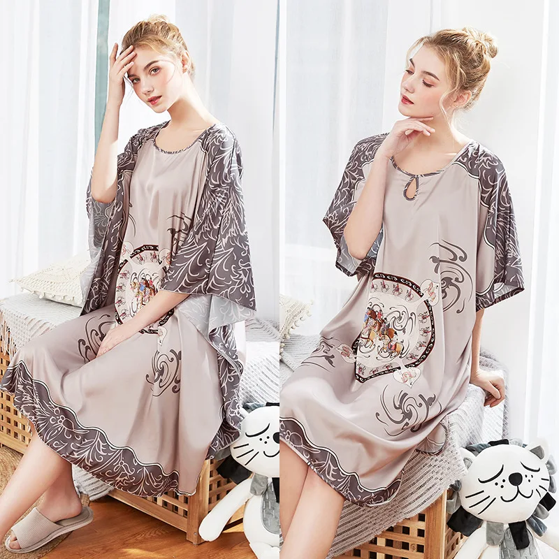 Women Long Sexy Silk Nightwear Satin Half Sleeve Knee Length Sleepwear Print Sleepshirts Grey Nightdress Night Wear Dress Gown
Women Long Sexy Silk Nightwear Satin Half Sleeve Knee Length Sleepwear Print Sleepshirts Grey Nightdress Night Wear Dress Gown