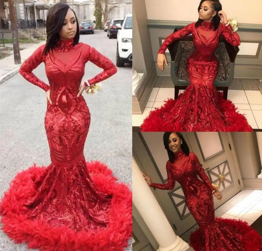 2019 Red Plus Size Long Sleeve Mermaid African Prom Dresses with Feathers Train High Neck Elegant Black Girls Evening Gala Gowns
2019 Red Plus Size Long Sleeve Mermaid African Prom Dresses with Feathers Train High Neck Elegant Black Girls Evening Gala Gowns