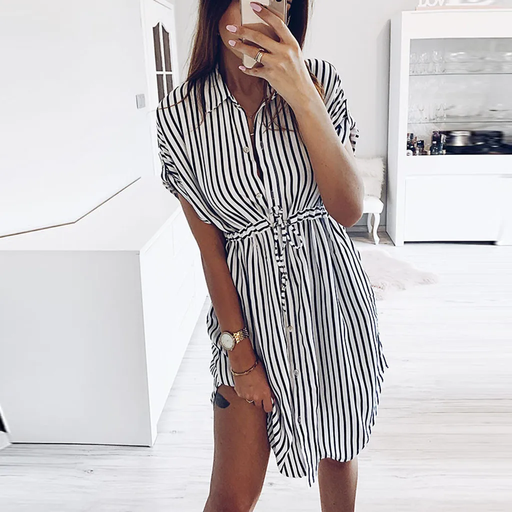Knee Length Dress Women Drawstring High Waist Elegant Black Dress 2019 Summer Short Sleeve Striped Office Shirt Dress vestidos
Knee Length Dress Women Drawstring High Waist Elegant Black Dress 2019 Summer Short Sleeve Striped Office Shirt Dress vestidos
