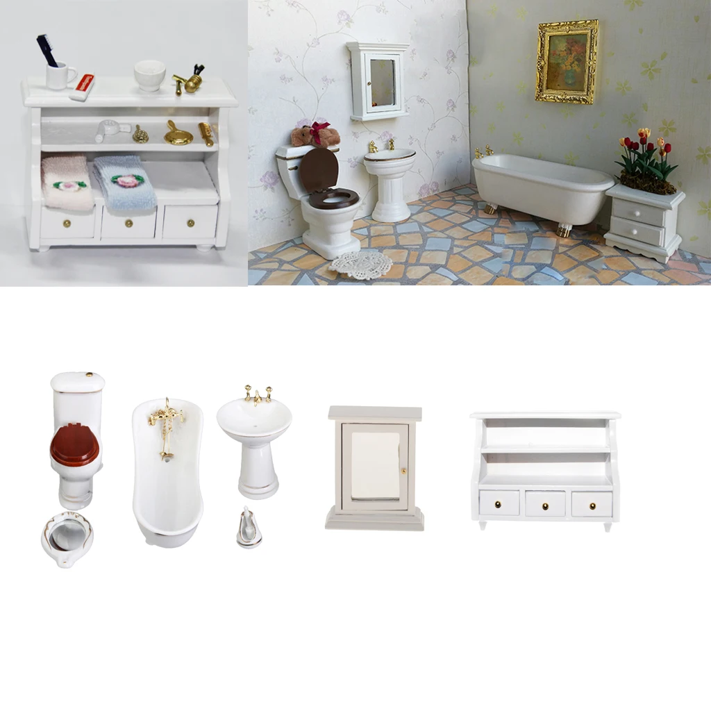 1/12 Scale White Dollhouse Miniature Bathroom Cabinet Furniture Set Decoration Accessory Toys Pretend Play for Children 1/12 Scale White Dollhouse Miniature Bathroom Cabinet Furniture Set Decoration Accessory Toys Pretend Play for Children