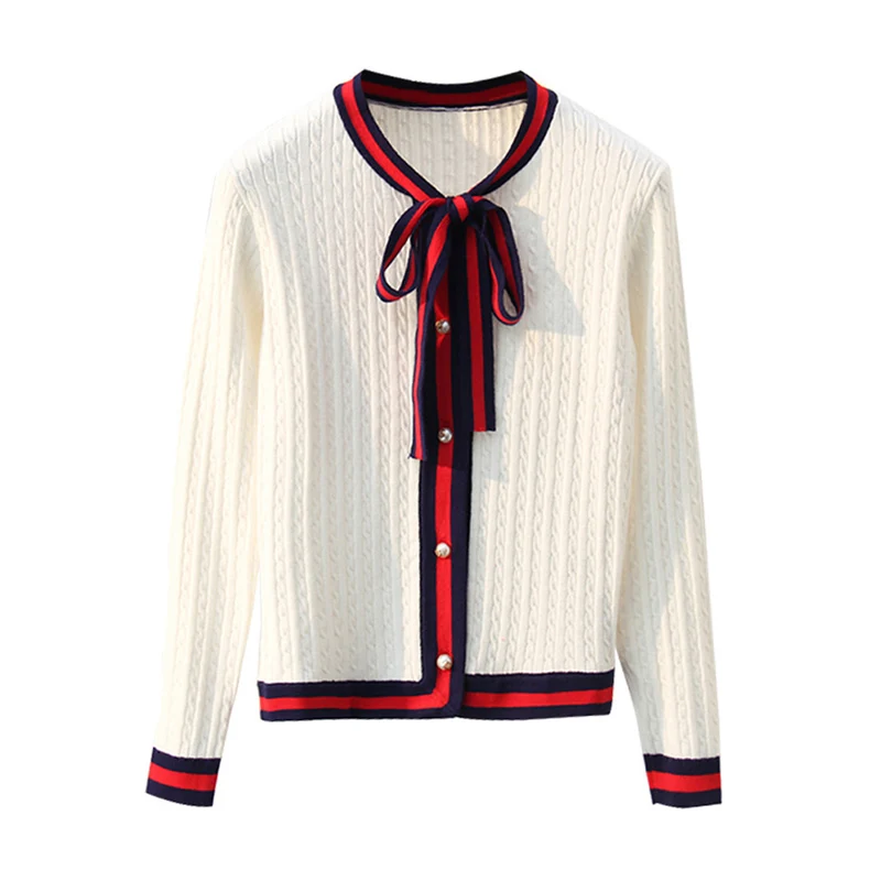 2018 Spring Knitted Cardigans Women Bow Twist Pearl Sweater Stripe Edge Luxury Designer Brand Sweater Black White Red
2018 Spring Knitted Cardigans Women Bow Twist Pearl Sweater Stripe Edge Luxury Designer Brand Sweater Black White Red