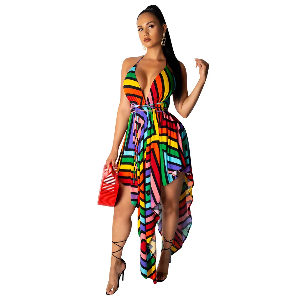 2019 Women Summer Colorful Striped Halter Deep V-Neck Open Back High Waist Irregular Hem Large Swing Maxi Dresses 3739
2019 Women Summer Colorful Striped Halter Deep V-Neck Open Back High Waist Irregular Hem Large Swing Maxi Dresses 3739