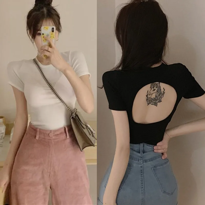 Summer Sexy Chic Backless Short Sleeve T Shirt Women Cotton Solid Tshirt Top Tees Slim Pullovers Tshirt Women 2019 New Arrival
Summer Sexy Chic Backless Short Sleeve T Shirt Women Cotton Solid Tshirt Top Tees Slim Pullovers Tshirt Women 2019 New Arrival