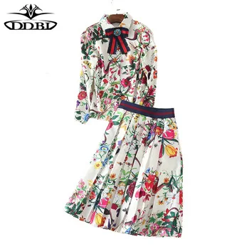 2017 summer high quality runway sets turn down collar blouse + pleated skirt floral 2pcs blouses and skirts 17509