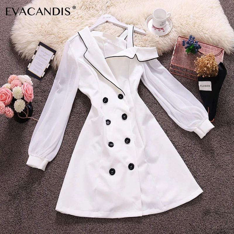 Off Shoulder Dress Double Breasted Long Sleeve White Black Suit Collar Elegant Korean Office Short Summer Dress Women Vestidos
Off Shoulder Dress Double Breasted Long Sleeve White Black Suit Collar Elegant Korean Office Short Summer Dress Women Vestidos