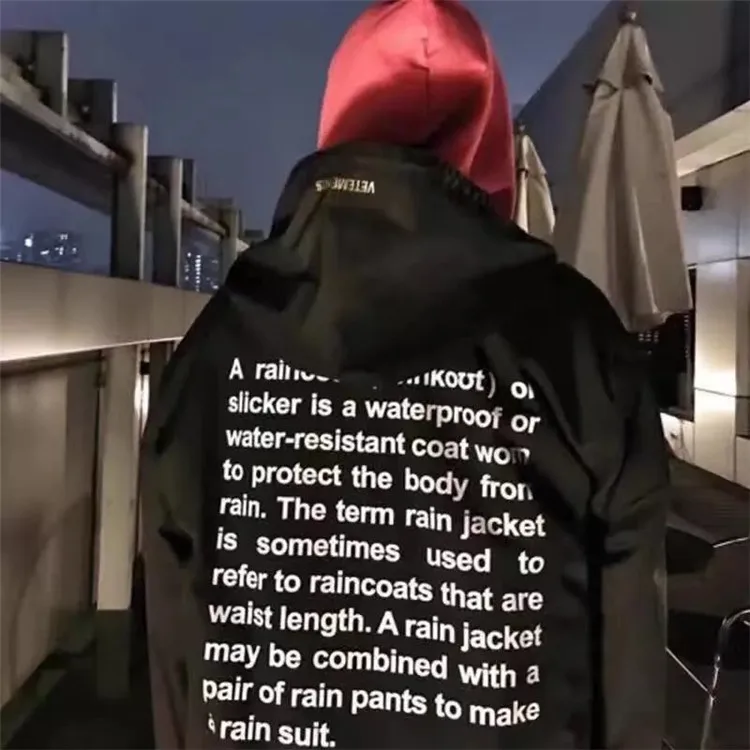 Vetements Raincoat Hip Hop Streetwear Yellow Black DHL Vetements Waterproof Men Women DHL Vetements Jackets Windbreaker
Vetements Raincoat Hip Hop Streetwear Yellow Black DHL Vetements Waterproof Men Women DHL Vetements Jackets Windbreaker