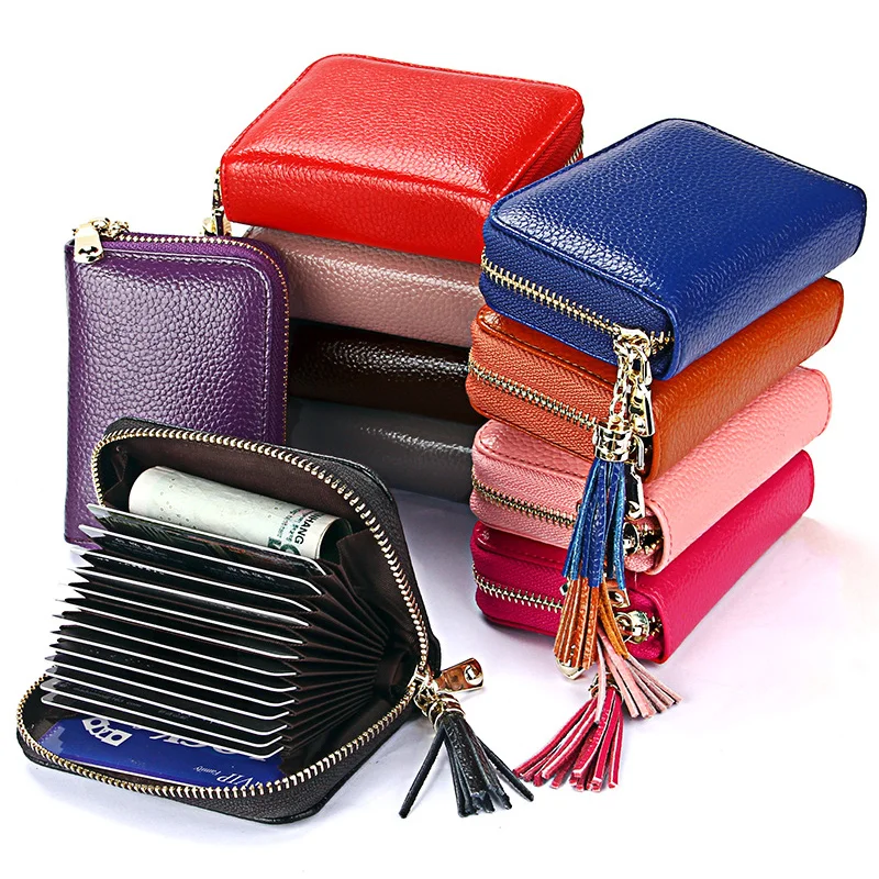 

Mini Genuine Leather Zipper Organ Women Card Holder Fringed RFID Lady Travel Card Wallet Cow Leather Credit ID Cardholder Bag