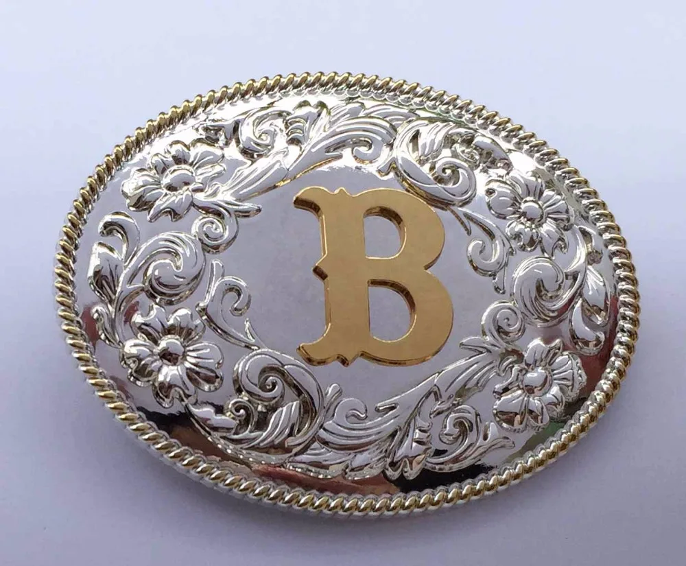 Фото High Quality Oval Lace Golden Initial Letter Belt Buckle Silver With Gold Fashion Man Jeans Accessories For 4cm Wideth | Дом и сад