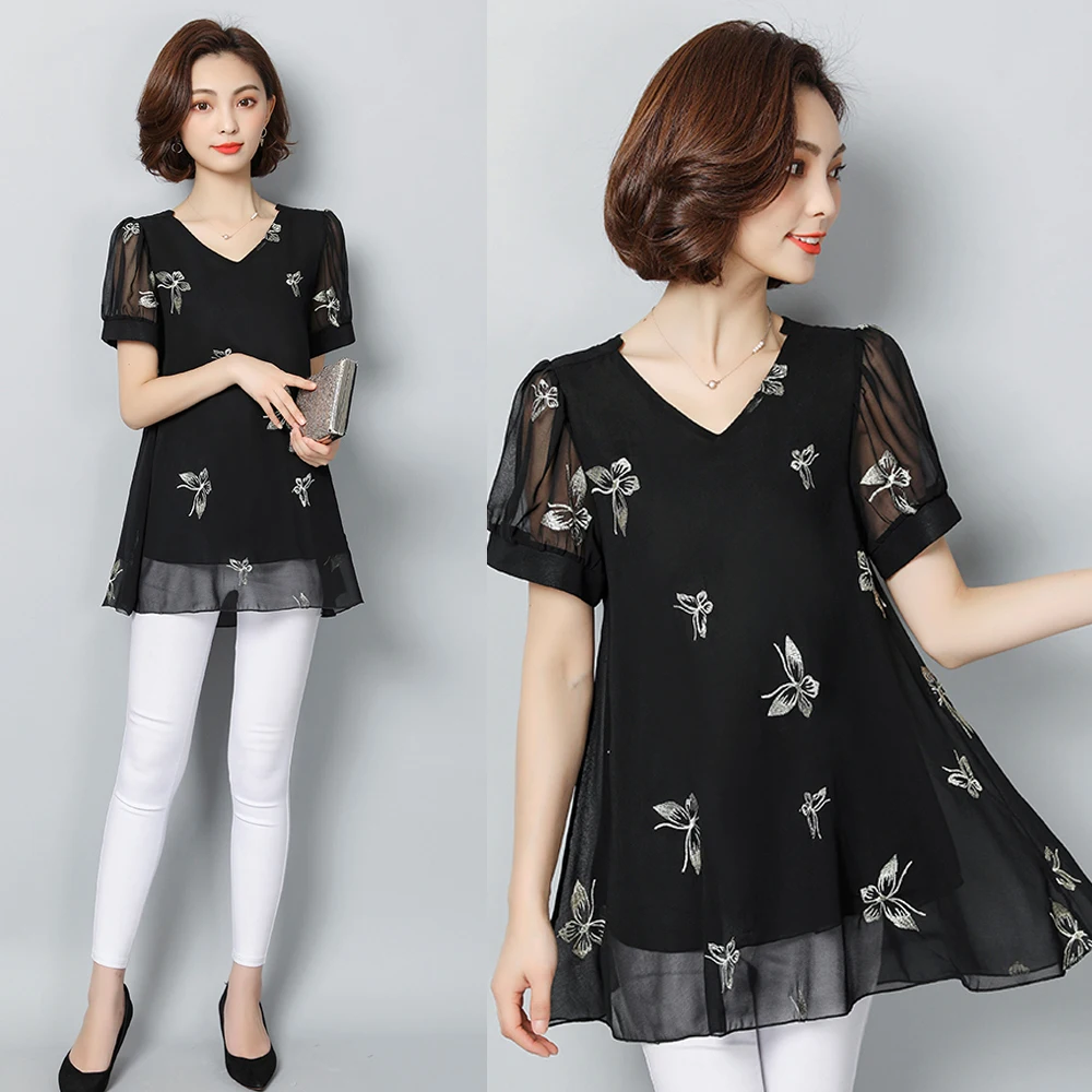 Spring and summer new style Women's large size L-6XL short sleeve blouses Butterfly embroidery temperament chiffon top
Spring and summer new style Women's large size L-6XL short sleeve blouses Butterfly embroidery temperament chiffon top