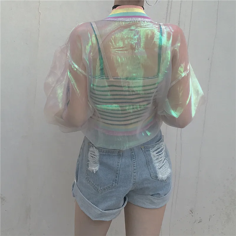 Sunproof-Harajuku-Summer-Women-Jacket-Laser-Rainbow-Symphony-Hologram-Women-BasicCoat-Clear-Iridescent-Transparent-Bomber-Jacket