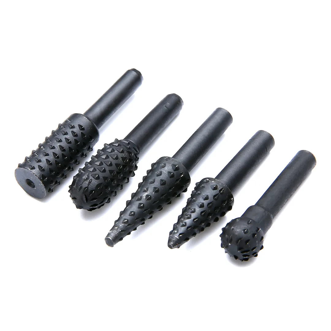 5pcs Rotary Rasp Set 1/4\`\` 6mm Shank Rotary Burr Set Wood Rasp File Drill Bits for Woodworking Carving Burrs