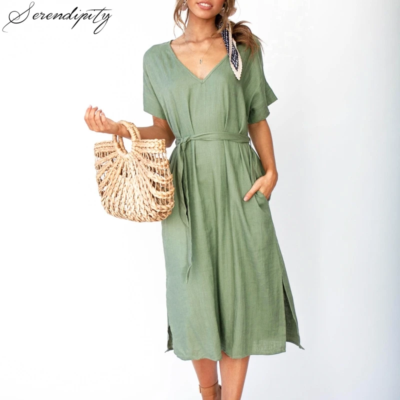 SRDP Solid cotton linen women dress Elegant v-neck sashes female midi dress Short sleeve A-line soft summer wear lady dress
SRDP Solid cotton linen women dress Elegant v-neck sashes female midi dress Short sleeve A-line soft summer wear lady dress
