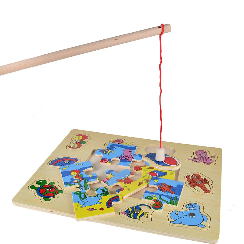 BOHS Wooden Kids Magnetic Marine Animals Fishing Game Board + Puzzles, 2 in 1 Toys