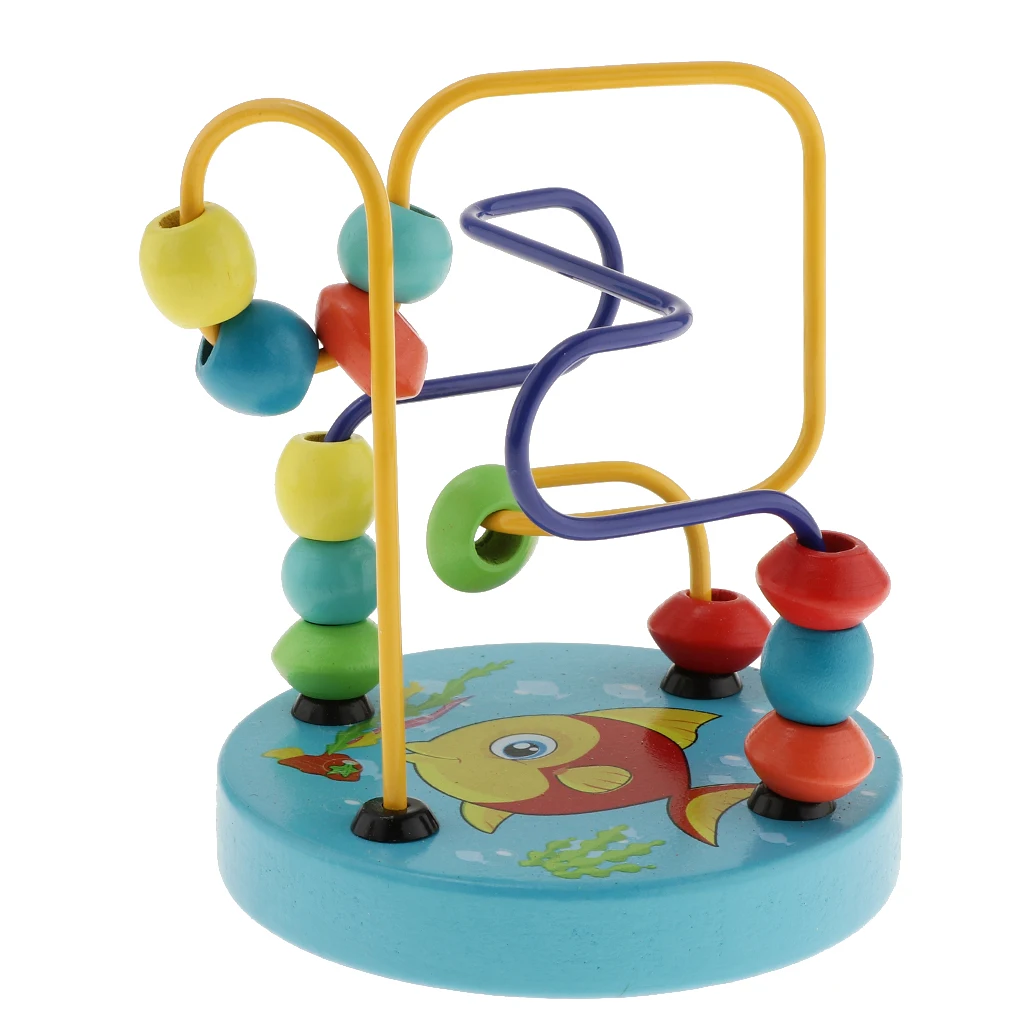 Fun Bead Maze Puzzle Activity Cube , Toddler Baby Wooden Roller Coaster Sliding Beads Game Classic Developmental Toy - Fish