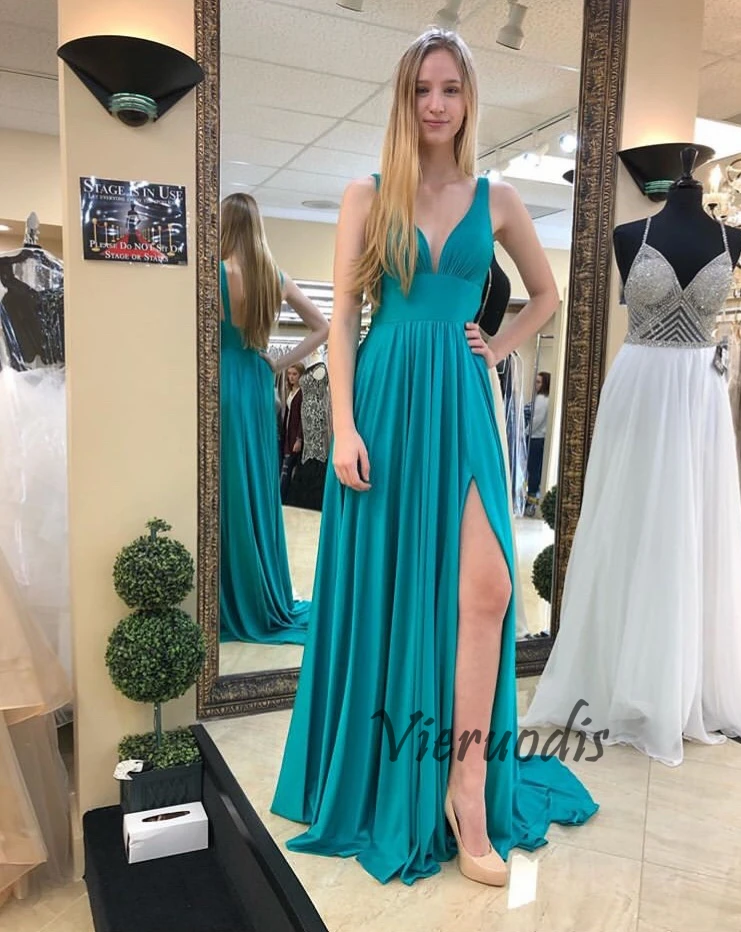 Sexy V-neck Turquoise Evening Dresses Sleeveless Pleats Chiffon Formal Party Dresses Front Split Evening Gowns Vestido De festa
Sexy V-neck Turquoise Evening Dresses Sleeveless Pleats Chiffon Formal Party Dresses Front Split Evening Gowns Vestido De festa