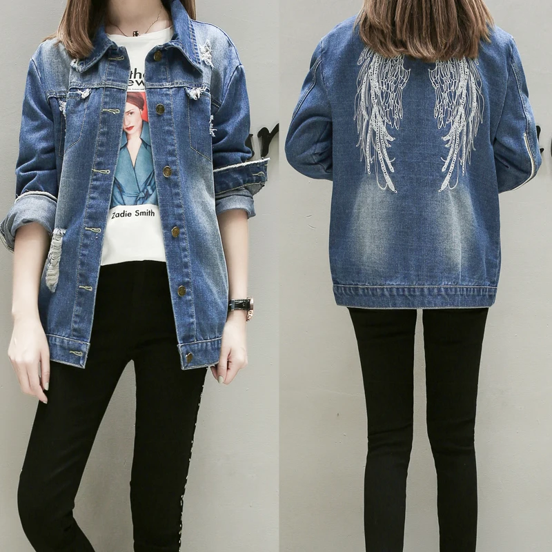 Plus Size 5XL Angle Wings Embroidery Women Jeans Jackets Loose Single-breasted BF Denim Coat Ripped Zipper Long Sleeve Outwear
Plus Size 5XL Angle Wings Embroidery Women Jeans Jackets Loose Single-breasted BF Denim Coat Ripped Zipper Long Sleeve Outwear