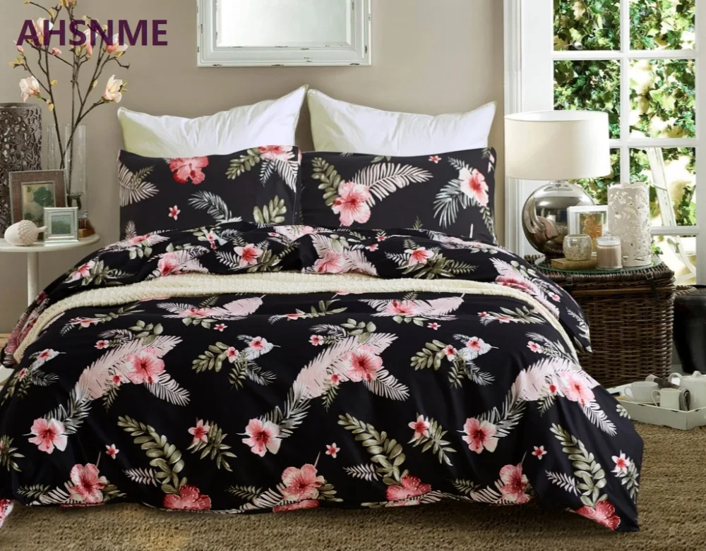 Ahsnme Many Pink Flowers In Dark Black Bedding Set American Size