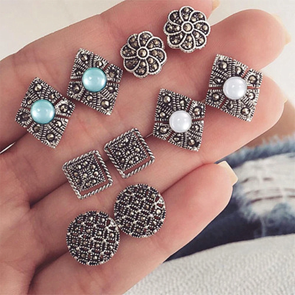 KISSWIFE Bohemian Carved Stud Earrings Set Fashion Jewelry Vintage Blue Opal Antique Silver Color Geometric Earrings for Women
KISSWIFE Bohemian Carved Stud Earrings Set Fashion Jewelry Vintage Blue Opal Antique Silver Color Geometric Earrings for Women