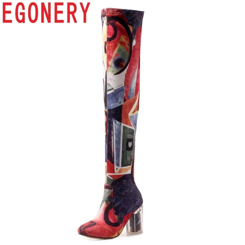 

EGONERY newest fashion mixed colors flock zip super high strange style women shoes winter outside warm round toe over knee boots