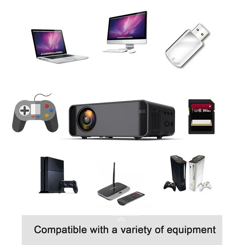Black Mini Projector HD Projector 1080P LED Projector for Home Theater Android Pico Projector AV / VGA / USB / SD / HDMI / TV
Black Mini Projector HD Projector 1080P LED Projector for Home Theater Android Pico Projector AV / VGA / USB / SD / HDMI / TV