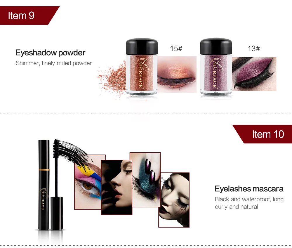NICEFACE 13Pcs Makeup Set 10 Colors Warm Nude Colors Eyeshadow Black Mascara Eyeliner with Eye Shadow Brush Kit (8)
