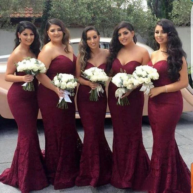

2019 New High Quality Burgundy Color Mermaid Lace Formal Bridesmaid Dress Sweetheart Neckline Long Maid of Honor Gown Plus Size