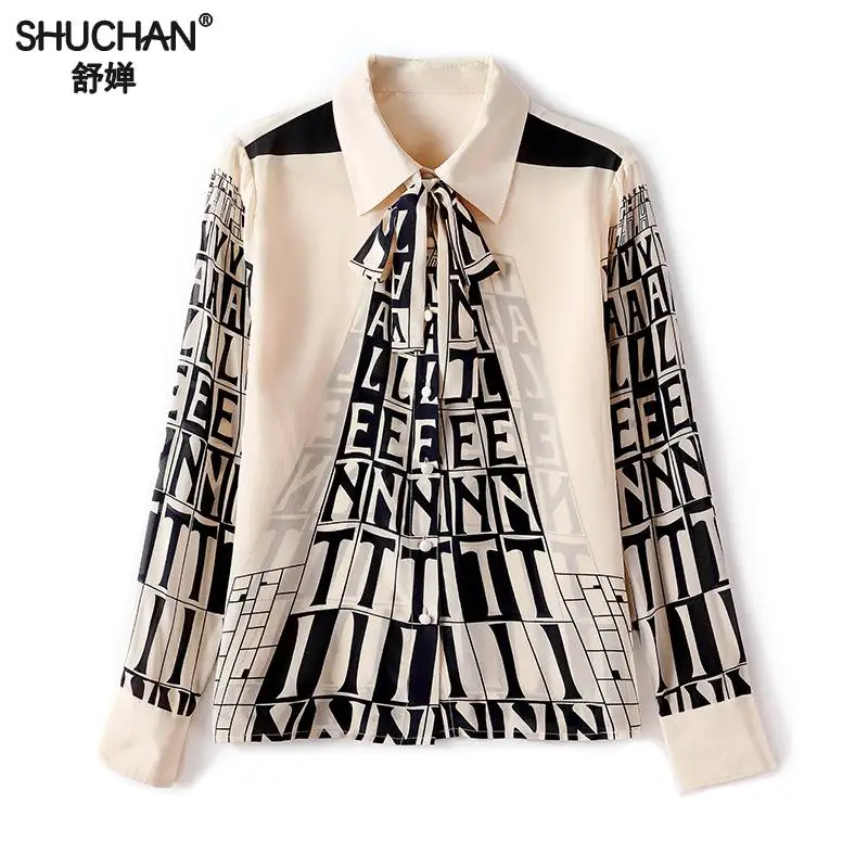 Shuchan Letter Printed Female Silk Blouse 100% Natural Silk Tops And Blouses Women's Elegant Bow Tie Long Sleeve Silk Blusas
Shuchan Letter Printed Female Silk Blouse 100% Natural Silk Tops And Blouses Women's Elegant Bow Tie Long Sleeve Silk Blusas