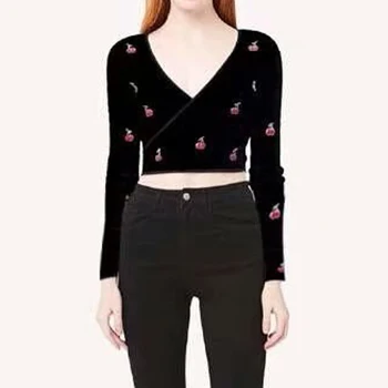 Cross Waist Slim V-neck Long Sleeve Black Cherry Emboridery Women Sexy Slim Crop Knitting Wear Top T-shirt
Cross Waist Slim V-neck Long Sleeve Black Cherry Emboridery Women Sexy Slim Crop Knitting Wear Top T-shirt