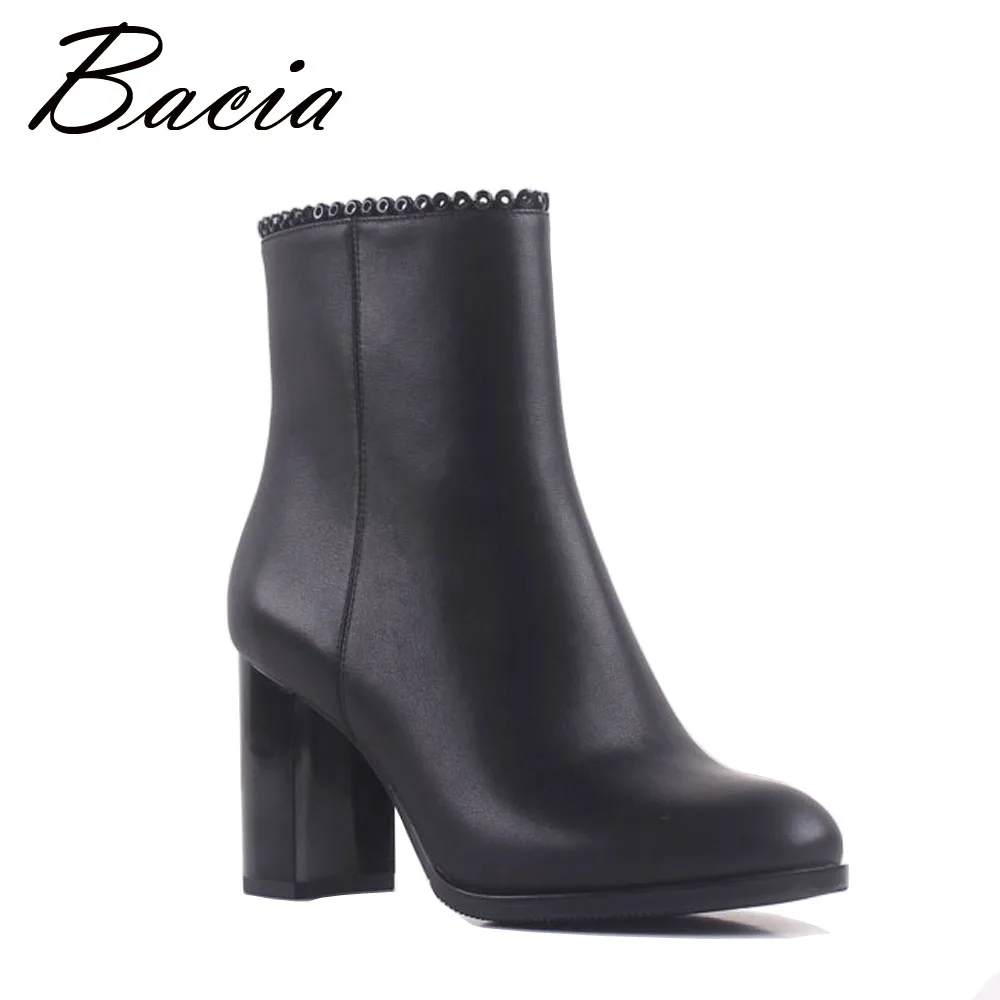 

Bacia Genuine Leather Botas Square Heel Round Toe Shoes Women 8.3cm Heels Black Cow Leather Quality Ankle Boot Size 36-40 MA001