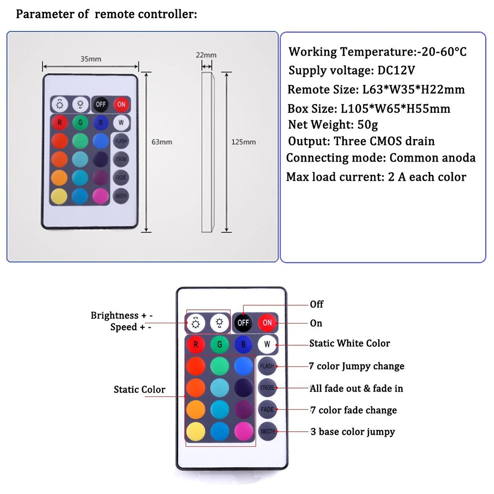 Удаленное Расстояние: максимум 10 м. 24 клавиши IR RGB контроллер. 