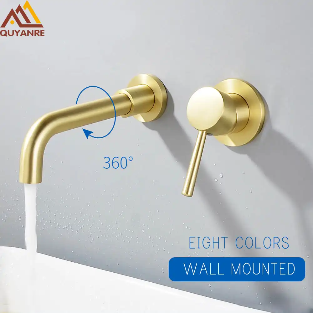 Quyanre Brushed Gold Basin Faucet Concealed Wall Mounted Faucet