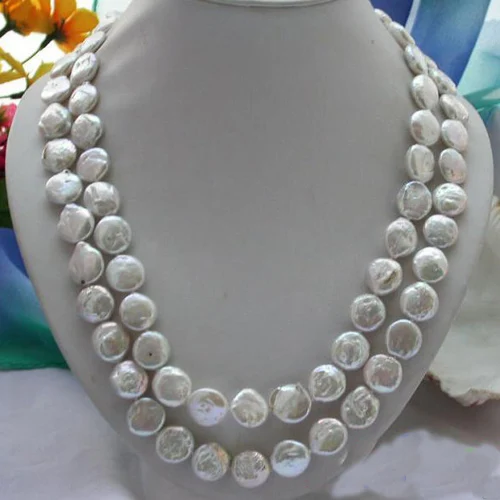 Handmade 45inches Long Pearl Jewellery 12-15mm White Coin Freshwater Cultured Necklace Wedding Birthday Lady's Jewelry |