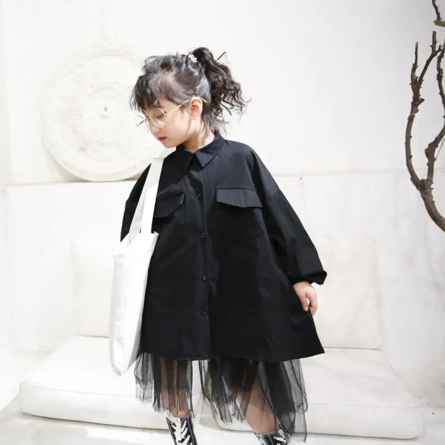 

Baby girl shirt dress 2019 spring autumn new Korean style sweet mesh patchwork black dress for children's big baby clothes ws314