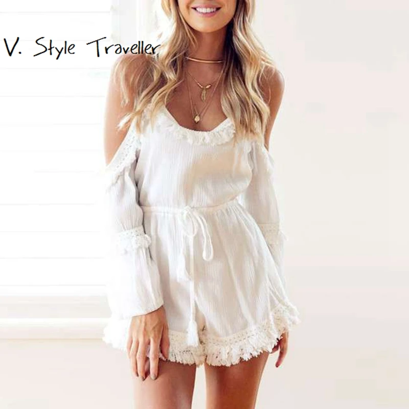 Фото Casual Camis Playsuit Cut Out Sexy Bodysuit Women Shorts Boho Jumpsuit vestido Summer Style Beach Resort Tassels White Rompers | Женская